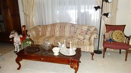CHIPPENDALE STYLE SOFA & MAHOGANY COFFEE TABLE. JAPANESE DRESDEN STYLE VANITY SET. 