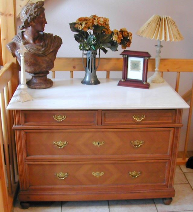 Antique German dresser, 4 drawers with new marble top, brass handles.