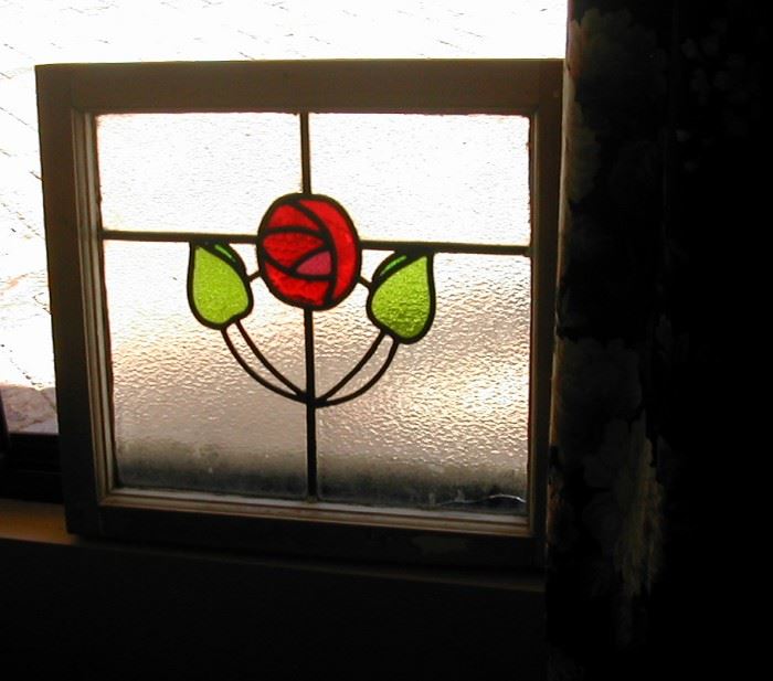 Set of 3 handmade antique Art Nouveau leaded stained glass windows. Antique from about 1910. Pattern is the Rennie Mackintosh rose.