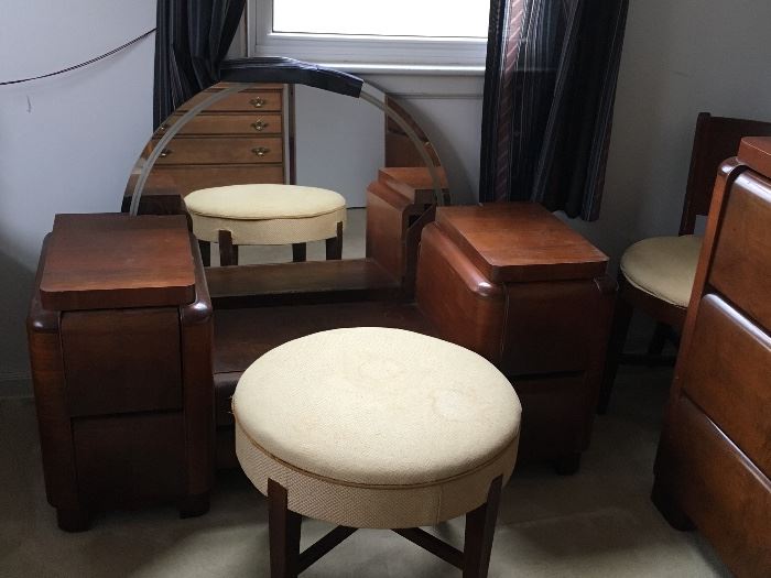 @1940’s Tri Bond Waterfall Furniture. Dressing Table with mirror and chair, dresser with mirror, nightstand, chair.