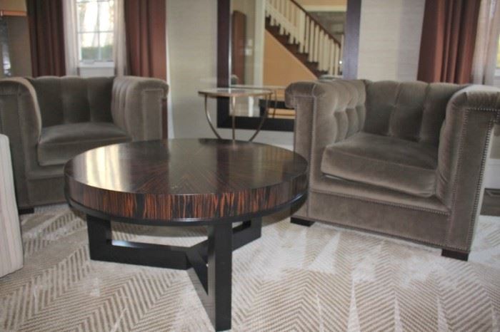 Pair of Tufted Chairs and Round, Wood, Contemporary, Coffee Table