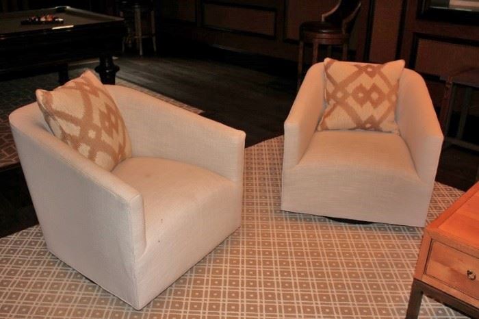 Pair of  Upholstered  Swivel Chairs and Accent Pillows and Rug