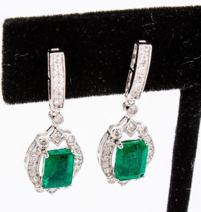 Lot 20 - Jewelry 18kt White Gold Emerald & Diamond Earrings