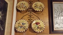  Nice Scroll design plate hanger with 4 Lenox plates with beautiful paintings of birds.  