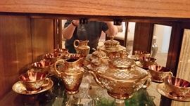 Beautiful Bohemia Czechoslavakia Rhapsody Cranberry Gold crystal with intricate flower design (17 piece) Tea set. 