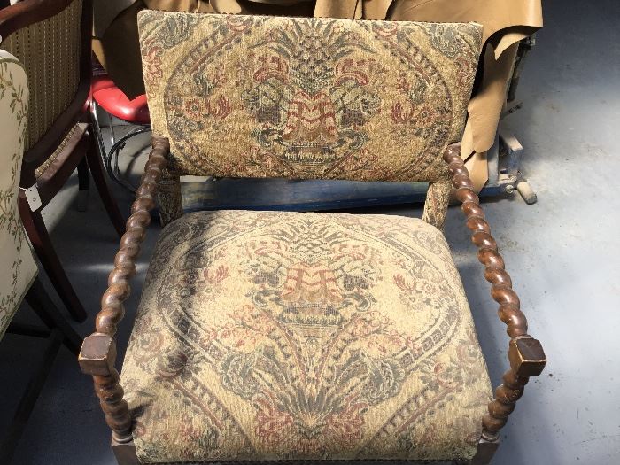 Antique spindle carved newly upholstered chair