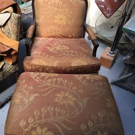 Silk newly upholstered antique chair and ottoman 