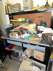 Work benches, wire ties, supplies, big vice 