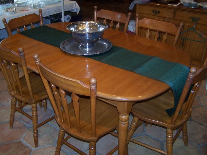 maple dining table, leaf, 6 chairs