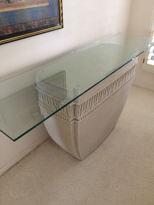 Sofa table, glass top  stone bottom  approx 29 inch ht  16 inch depth and 5 foot long