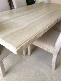 Gorgeous  marble top dining room  table with 6 high back chairs, approx 28 inch ht, 38 inch wide and 78 inch long