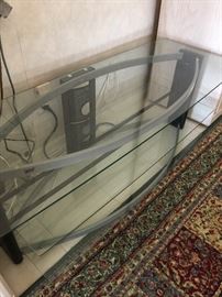 TV stand , 3 glass shelves with metal frame   approx 19 inch ht  22 inch wide and 55 inch long