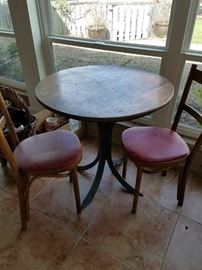 Bistro Table and 4 Bistro Chairs with Vinyl or Leather Red Seats