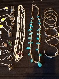 Turquoise Necklace, Silver/turquoise Bracelets. Silver and Turquoise Rings. Pearls.