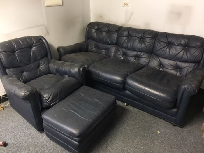 Navy Blue Leather Couch and Chair