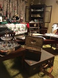 Side and coffee table, great vintage tweed luggage, china cabinet with lots of Anniversary china