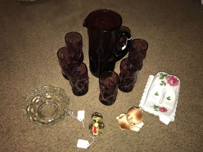 Beautiful and unusual pitcher and glass set with other neat items