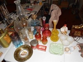 Hurrican lamps, Ruby swirl, Amber glass etc