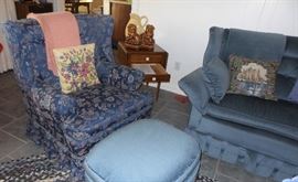 Over sized wing back chair, ottoman and velvet country French sofa