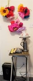 paper flowers.  vintage lamps. Shredders.  AV table
