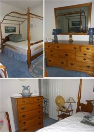 4 poster canopy bed. Dresser and mirror, gentleman's chest, tier side table
