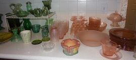 Vintage / retro glass.  Pink glass, green glass, depression glass