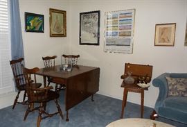 Drop leaf table, wood side table set, framed art, framed posters, original art, spindle back small chair set