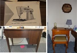 Singer 500 slant-o-matic. 2 sewing cabinets. Sewing supplies, buttons
