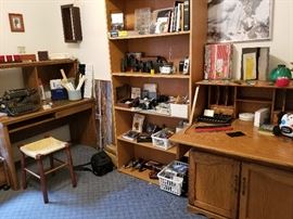 home office, tall bookcase, small desk, stools and chairs