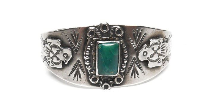 NAVAJO STERLING TURQUOISE STAMPED CUFF BRACELET