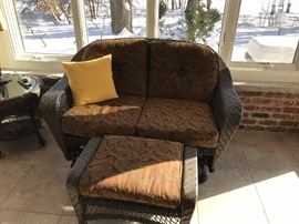 “Wannemaker’s Indoor, Outdoor Brown Wicker Set, Perfect Condition!  Gliding Love Seat 58”w., Gliding  Chair 36”w.,  Table 23” round