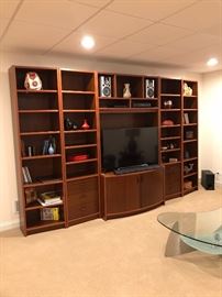“TEAK” Mid Century Modern Five Piece Wall Unit, Overall measurements 137” Wide by 88” High.  5 Seperate Pieces - 4 Bookcases 22” Wide Each, TV Cabinet 48” Wide - Larger TV can be used.