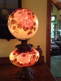 Victorian Antique Gone With the Wind Lamp, Hand Painted.  Was an oil lamp, has been electrified.  “Beautiful”