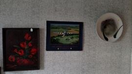 tulip painting, plane print, and pottery plate wall hanging or table top