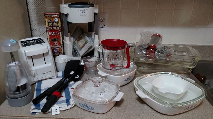 pyrex baking dishes, Jar opener, toaster, chopper and more