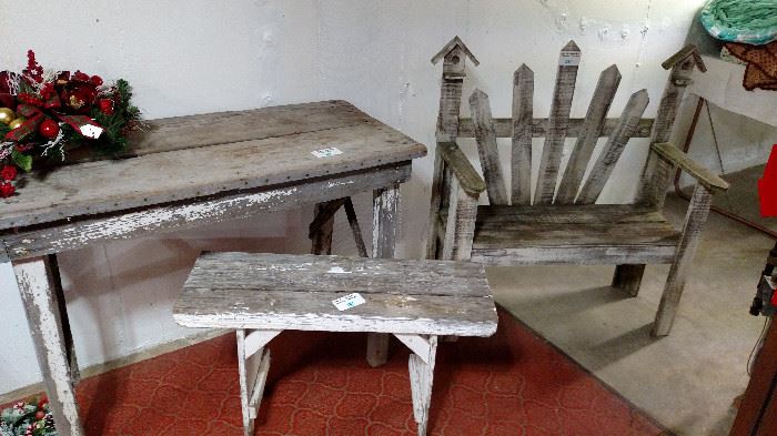 weathered wood table, bench and seat bench