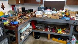 many work bench items, gun cleaning items
