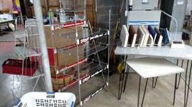 store advertising metal shelves, retro tables with metal legs