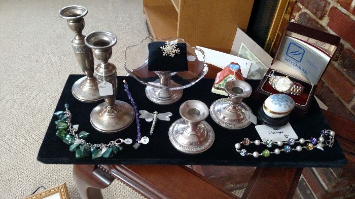 sterling weighted candle sticks and compote 
