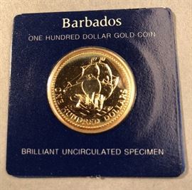 Lot 504 1975 Barbados One Hundred Dollar Gold Coin. Bril