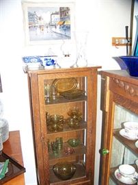 Vintage Oak Curio and Depression Glass