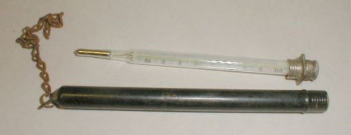 Old Aseptic certified German thermometer in case with chain.  4.25 inches