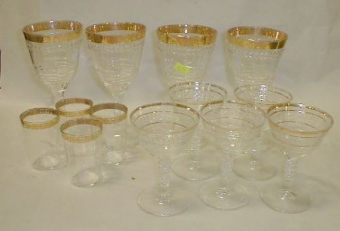 Glass drink ware set.  Some gold worn away