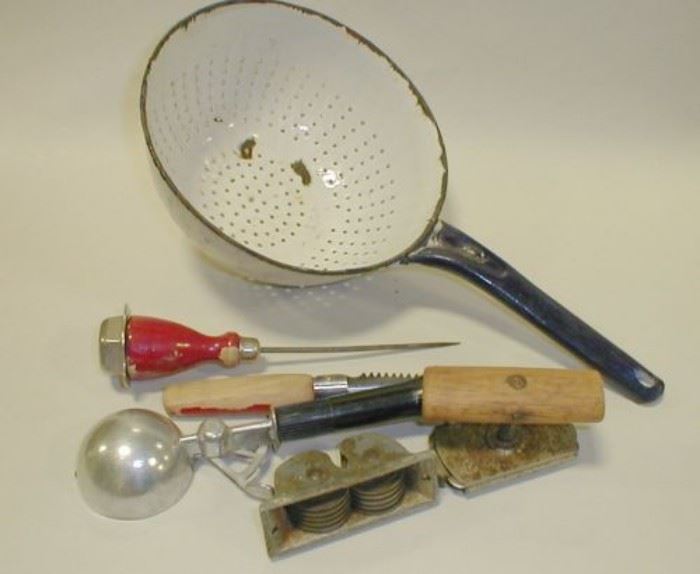 Vintage kitchen tools.  Enamel worn