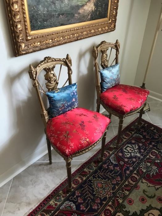 Item #12. Pair of small Louis XVI style gilded French style chairs