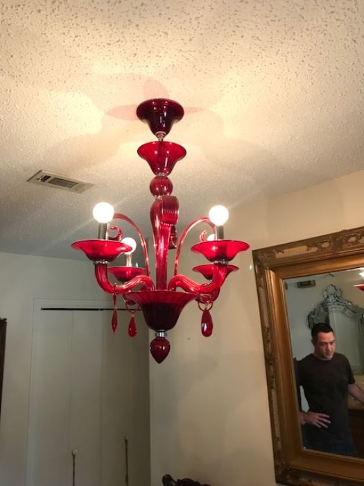 Item #17. Red glass Murano chandelier approx 30"H x 24"W