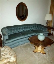 Long Vintage Tufted Sofa, Interesting Vintage Coffee Table