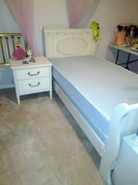 Sweet Twin Bed & Mattress Set, Nightstand, 2 Twin Brass Headboards