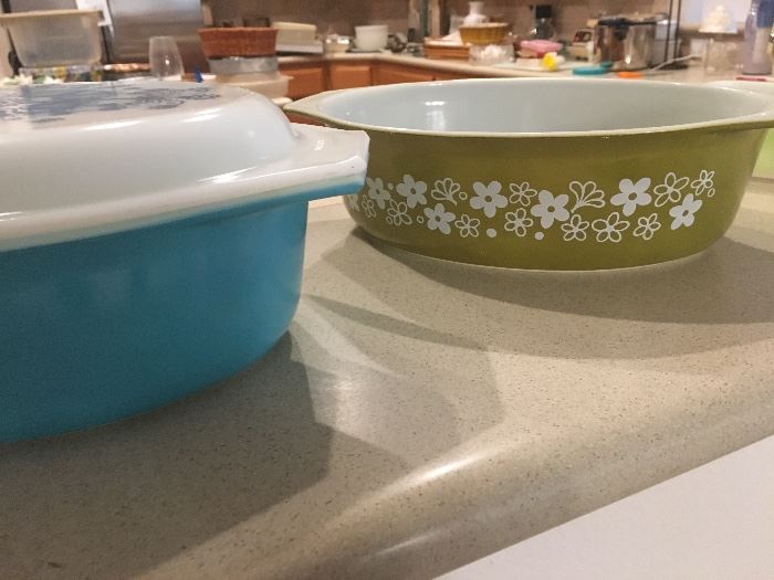 pyrex  -* lid on blue casserole does not match pattern but does fit - info all the collectors would  appreciate knowing :)