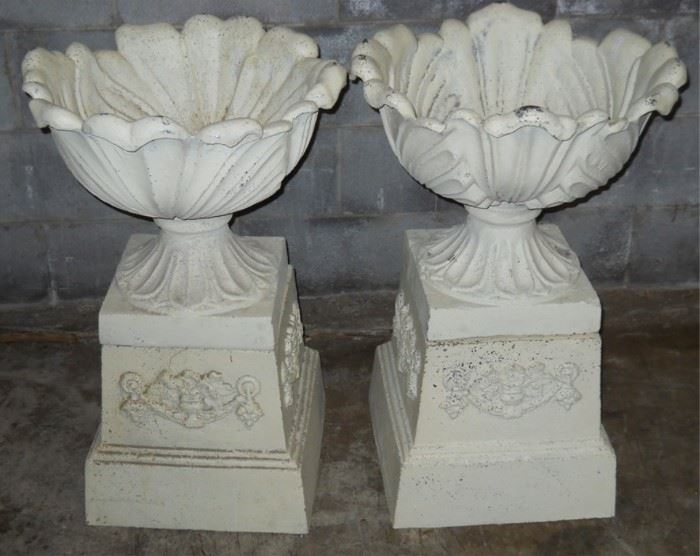 Pair cabbage cast iron urns